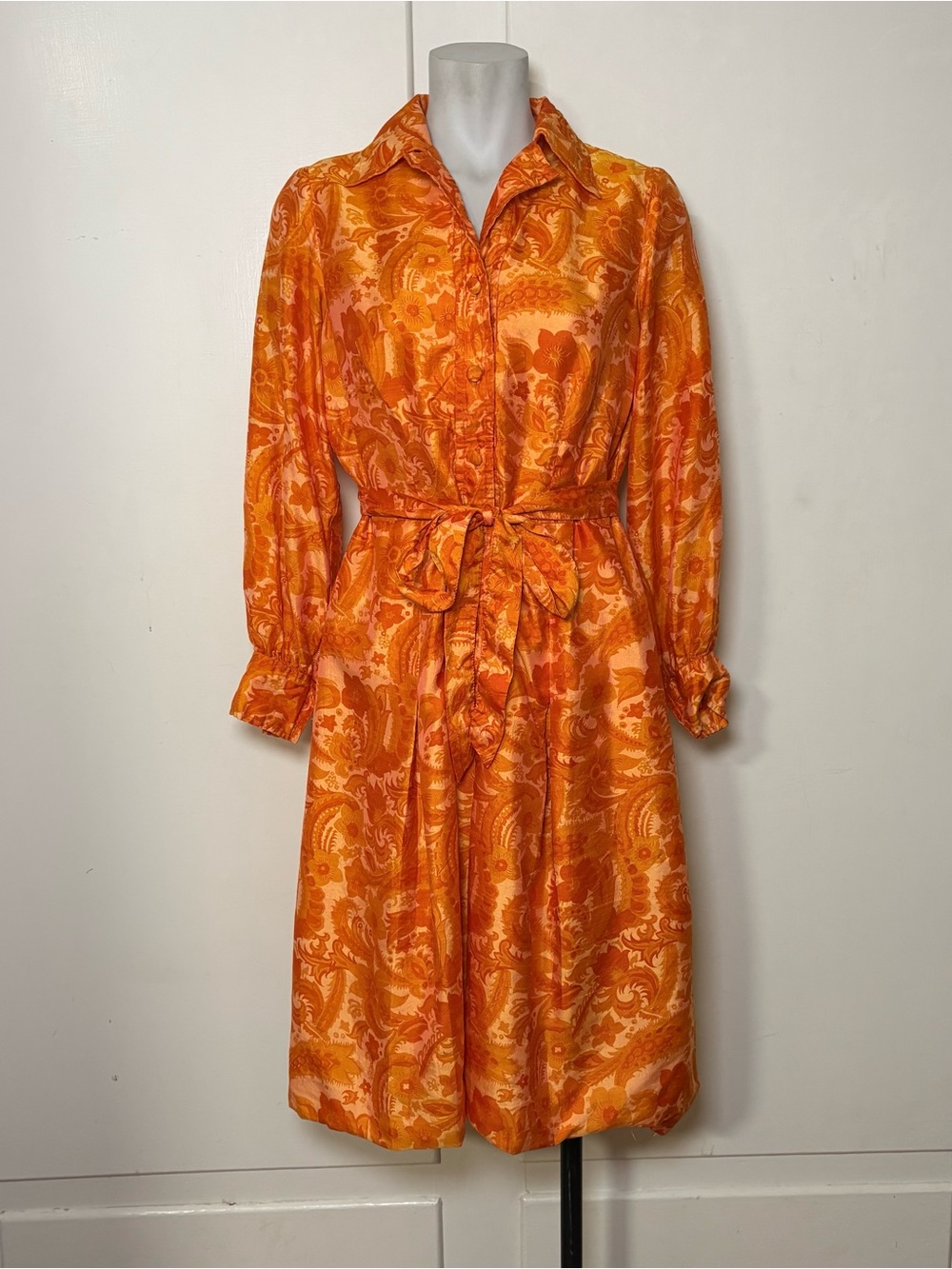 Vintage 60s Orange Groovy Psychedelic Floral Button Up Long Sleeve Shirt Dress